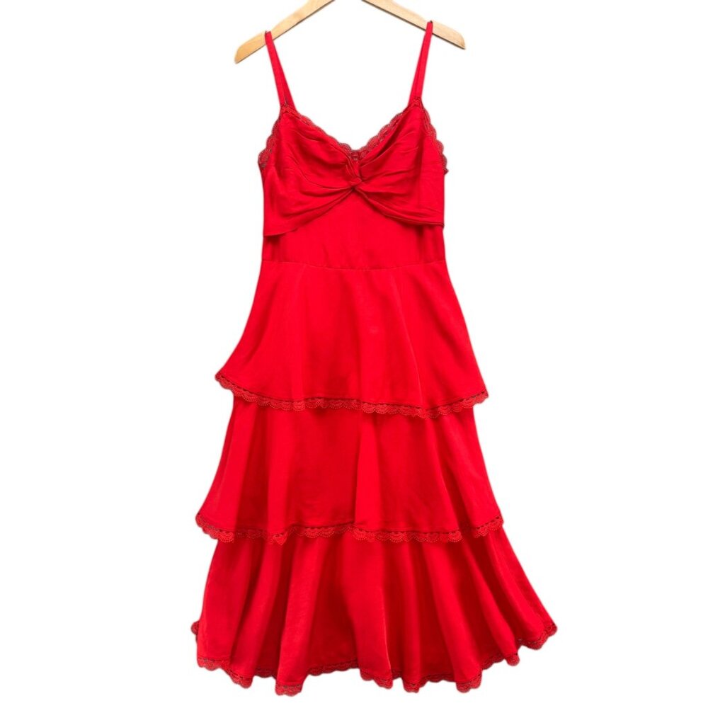 Marchesa Notte Tiered Midi Dress Red Sleeveless Lace Trim Ruffle Sweetheart Sz S